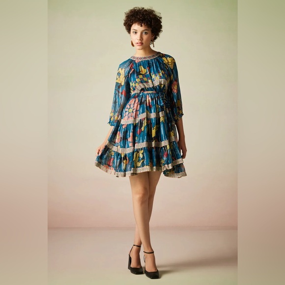 Verb Dresses & Skirts - verb Teal Floral Pleated Mini Dress with Tie Waist